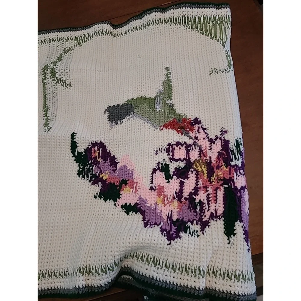 Hand Knit Flowers And Hummingbirds Couch/Table Runnner 28 X 58 Purple Pink Green